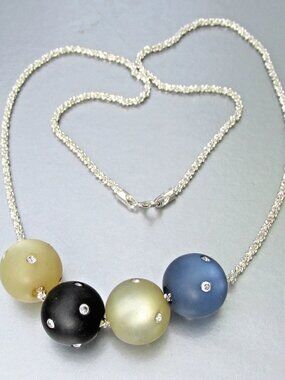 Vintage KARIZIA SPA 4 Rhinestone 15mm Ball Beads Sterling Silver Necklace